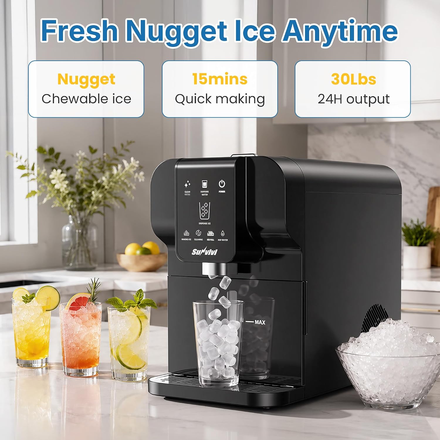 SUNVIVI Nugget Ice Maker Countertop, Auto Drop Ice, Self Cleaning