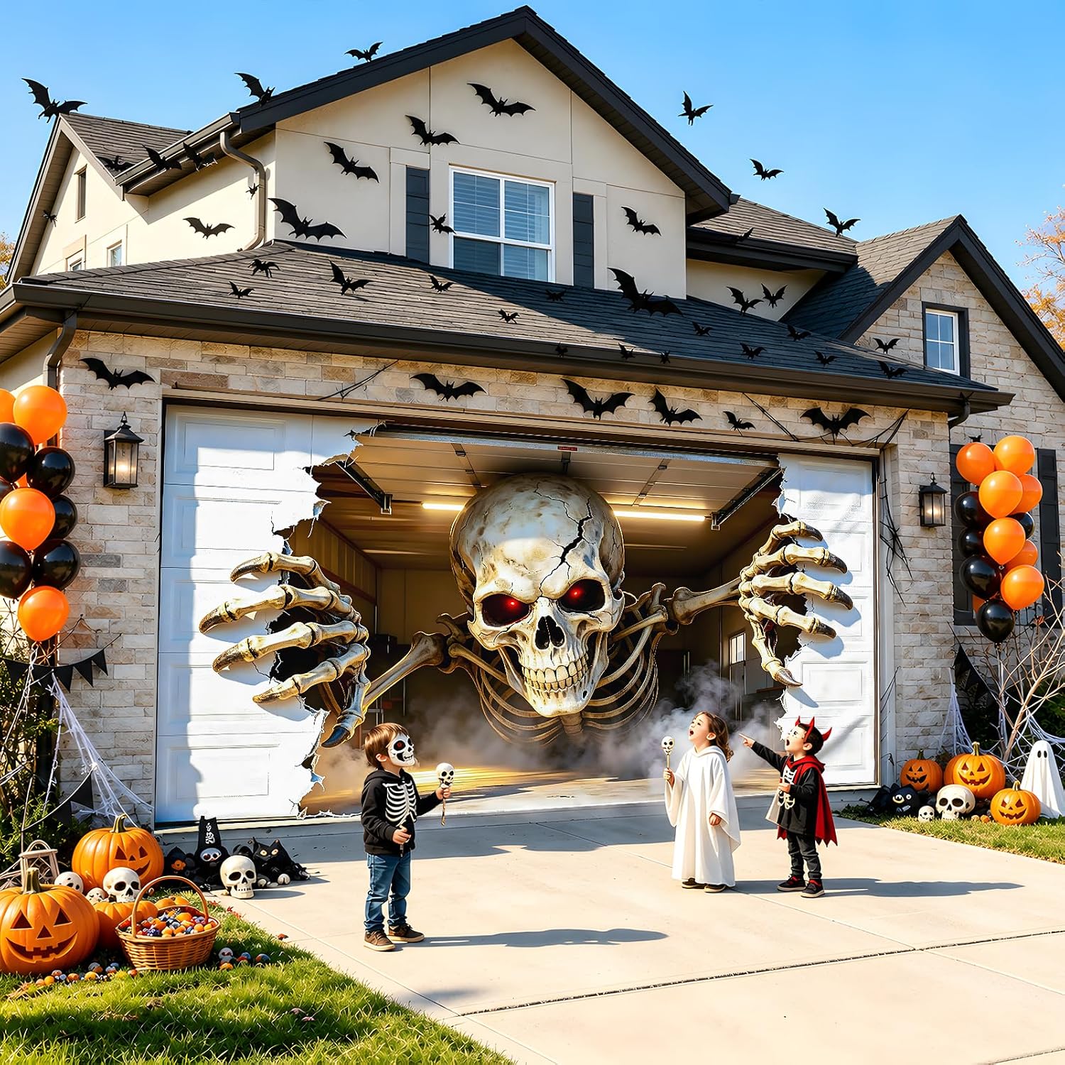 Halloween Garage Door Cover 16x7 FT, Realistic Garage Scene Design