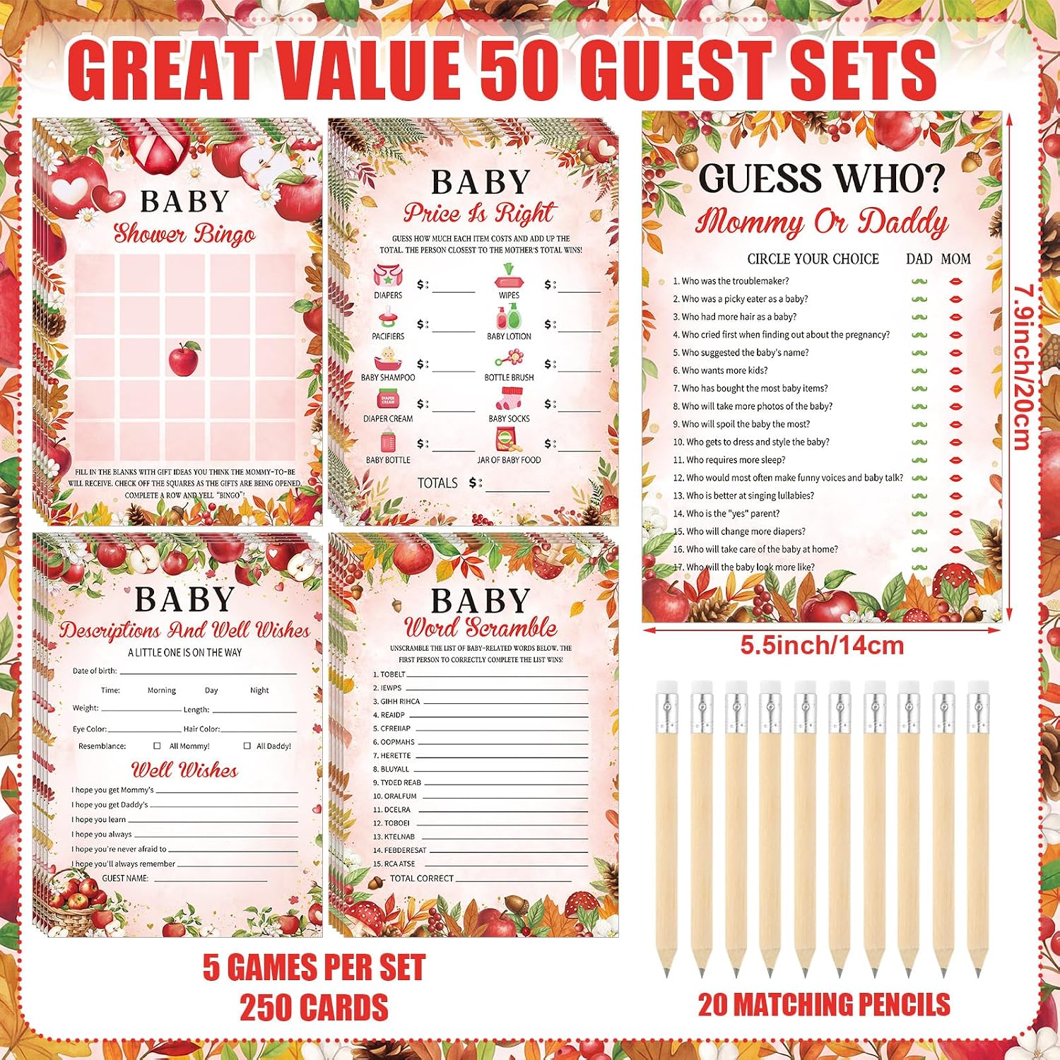Patelai 321 Pcs Baby Shower Games Supplies, Apple of Our Eye