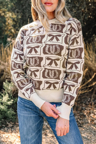 Womens Western Pullover Sweaters Knit Long Sleeve Crew Neck Boho Drop Shoulder Bows & Horseshoes 2026 Fall Tops