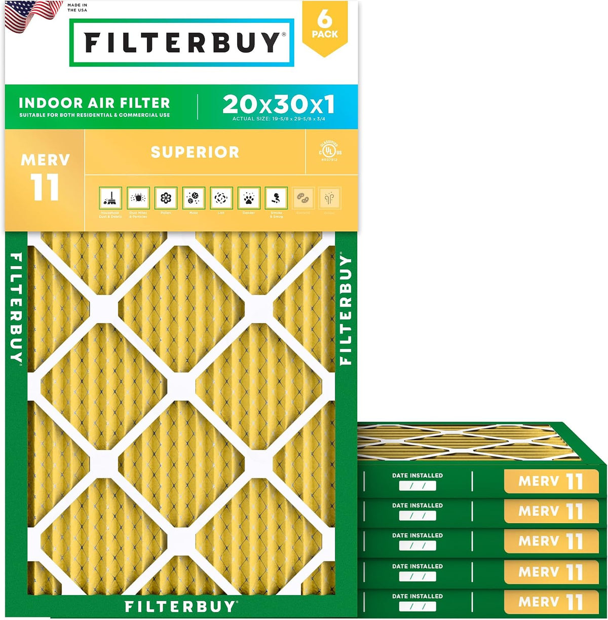 Filterbuy 20x30x1 Air Filter MERV 11 Pet & Allergy Defense (6-Pack)