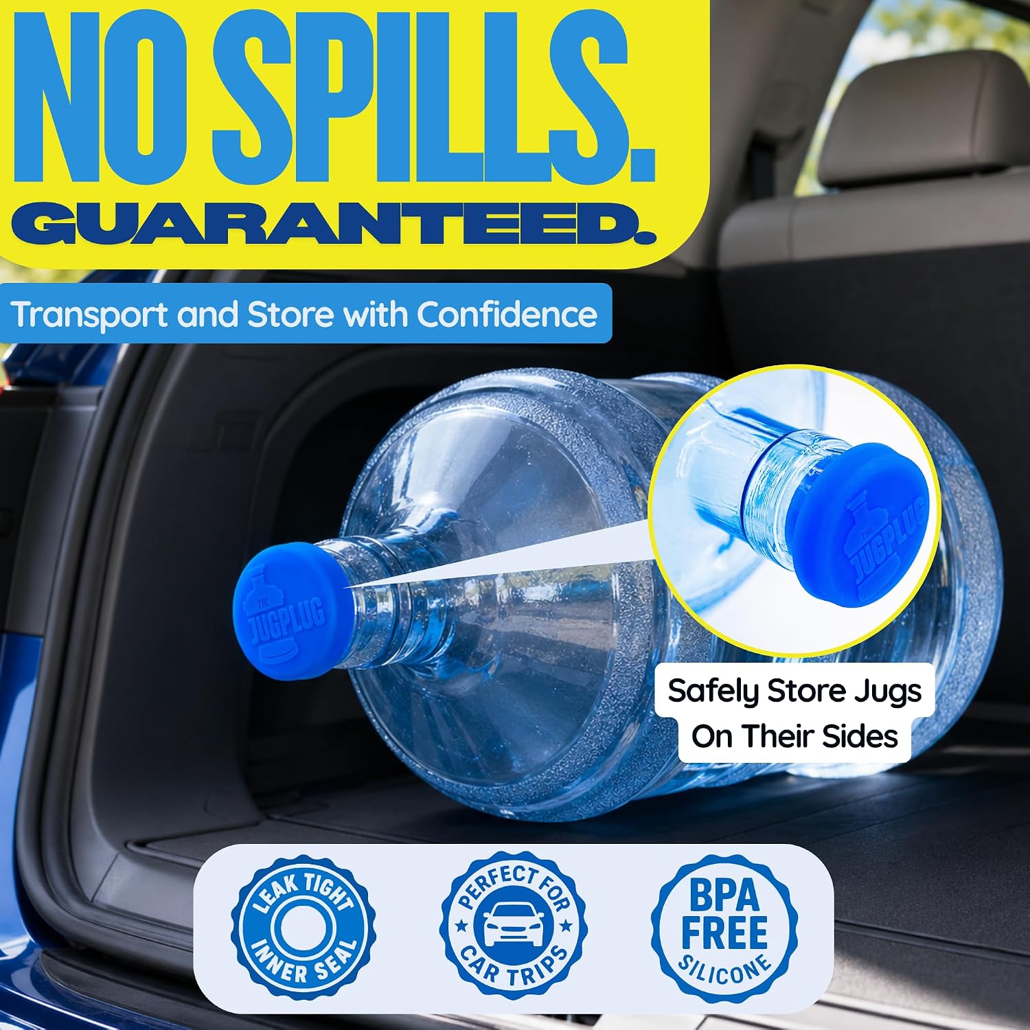 Jug Plug 5 Gallon Water Jug Cap, No Spill Reusable Silicone Lid 5 Gal Jugs