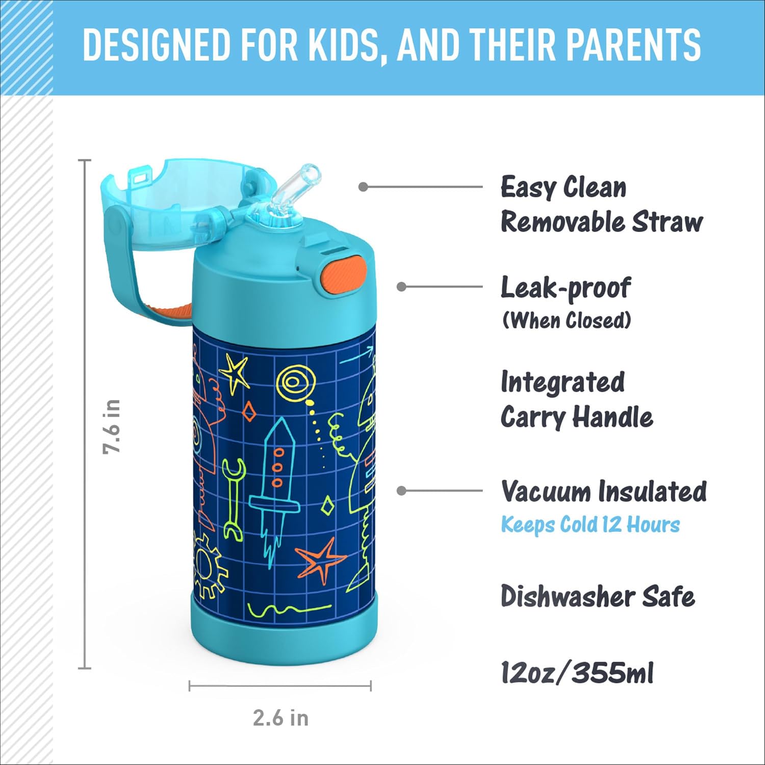 THERMOS FUNTAINER Water Bottle with Straw, 12oz, Robot Doodles