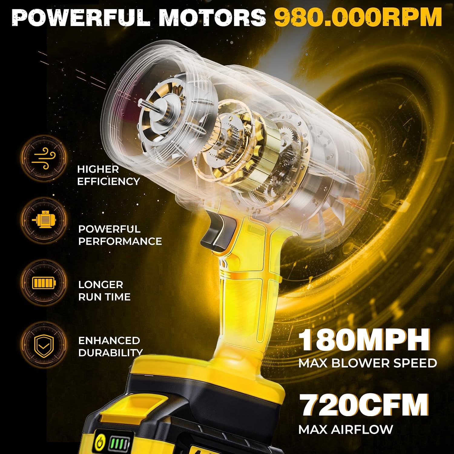 Cordless Leaf Blower for DEWALT 20V Max Battery, 720-CFM 180-MPH Handheld Electric Brushless Dust Blower with Light, Battery Powered Leaf Blowers for Patio, Lawn Care, Leaves (4.0Ah Battery Included)
