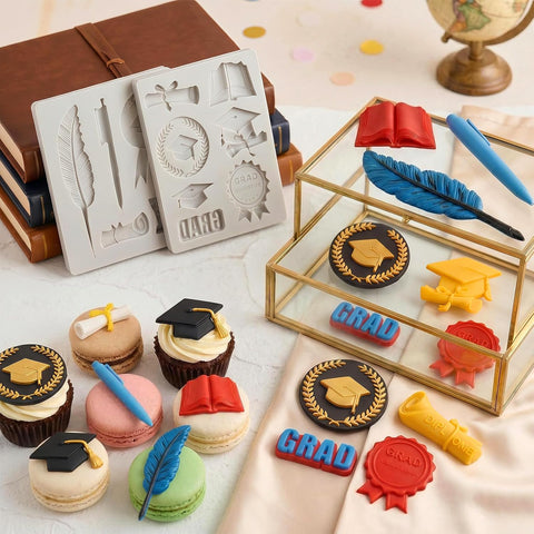 Sakolla 2 Pack 2026 Graduation Candy Chocolate Molds, Doctoral Cap Diploma Scroll Badge Pen Shape Fondant Silicone Molds for Party Cake Decoration（Mini/Grey）