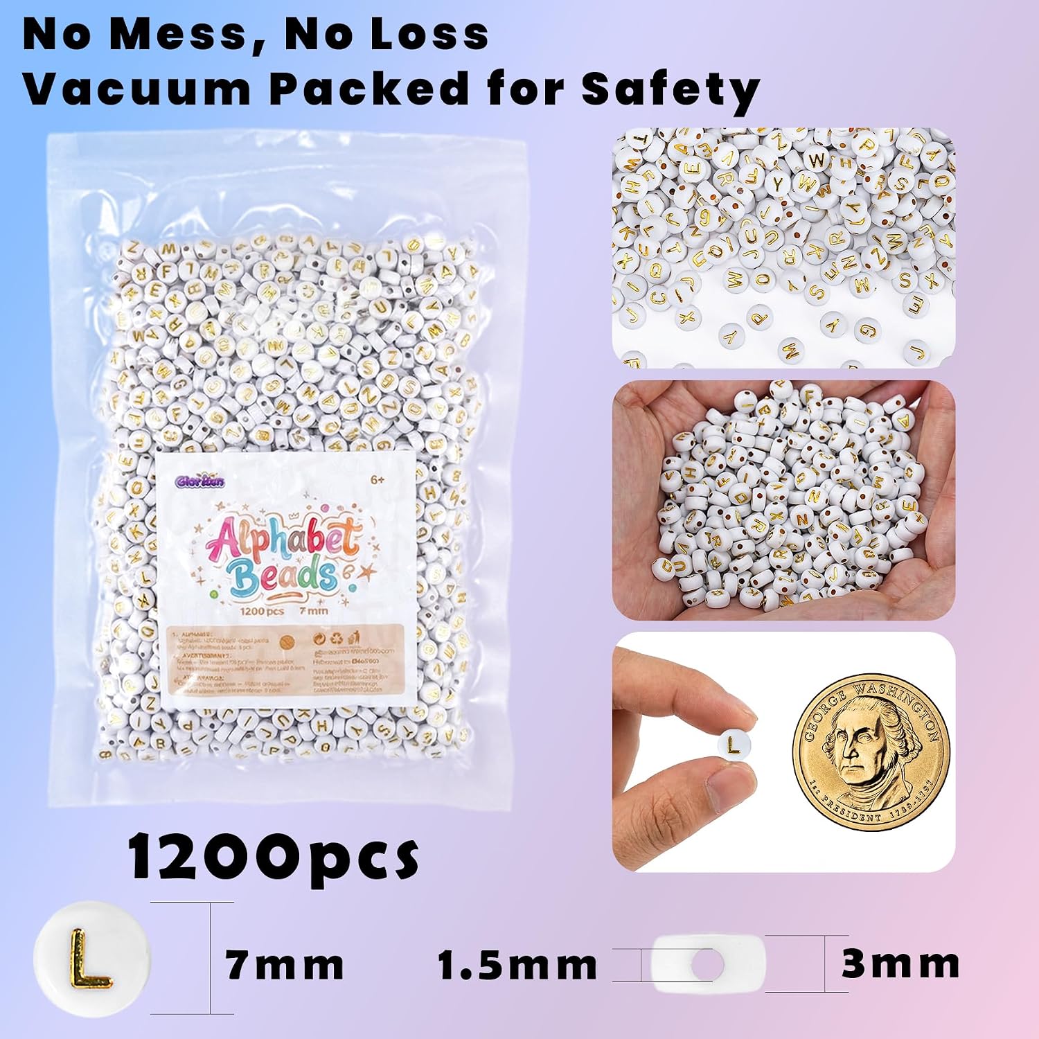 Gionlion 1200+Pcs Round Letter Beads for Bracelet Making, Acrylic Alphabet Beads for Jewelry Making, DIY Friendship Bracelets with 4x7mm White Beads with Gold Letters