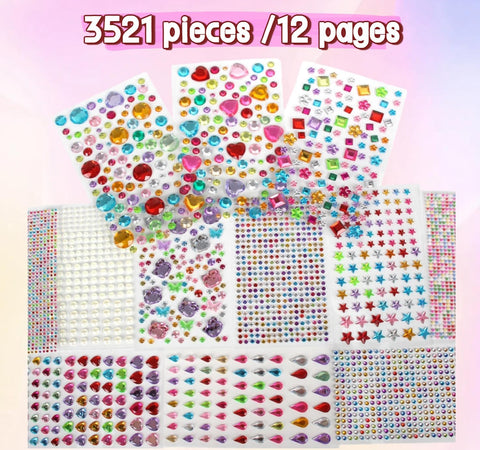 3521 Pieces Self Adhesive Jewels for Crafts, Gems Stickers for Kids, Flat Back Plastic Fake Jewels for Scrapbook Supplies and face gems
