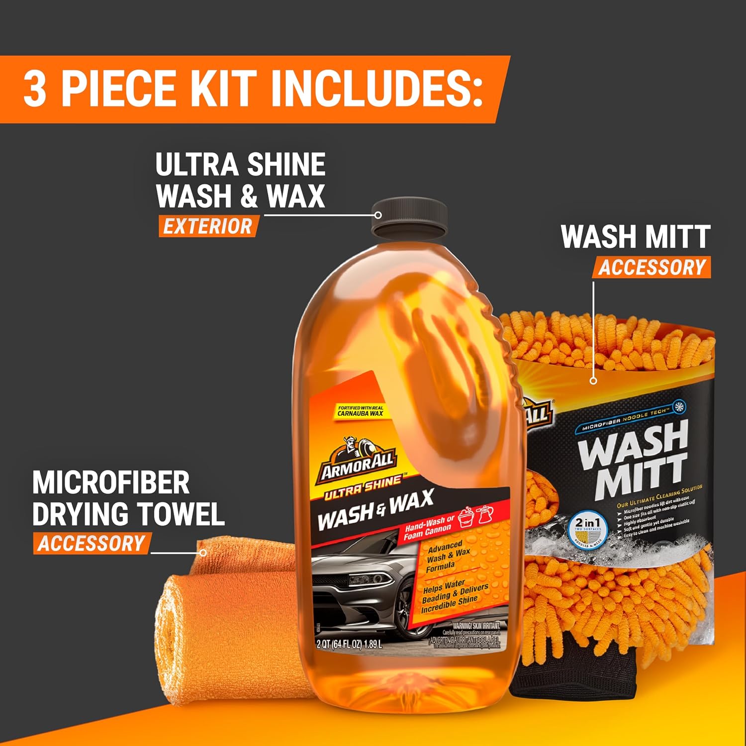Armor All Cleaning Kit, Car Wash Soap, Wash Mitt & Microfiber Towel