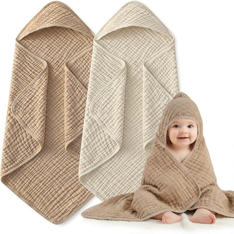 Muslin Hooded Baby Towels 2 Pack, 100% Cotton Baby Bath Towels for Newborn