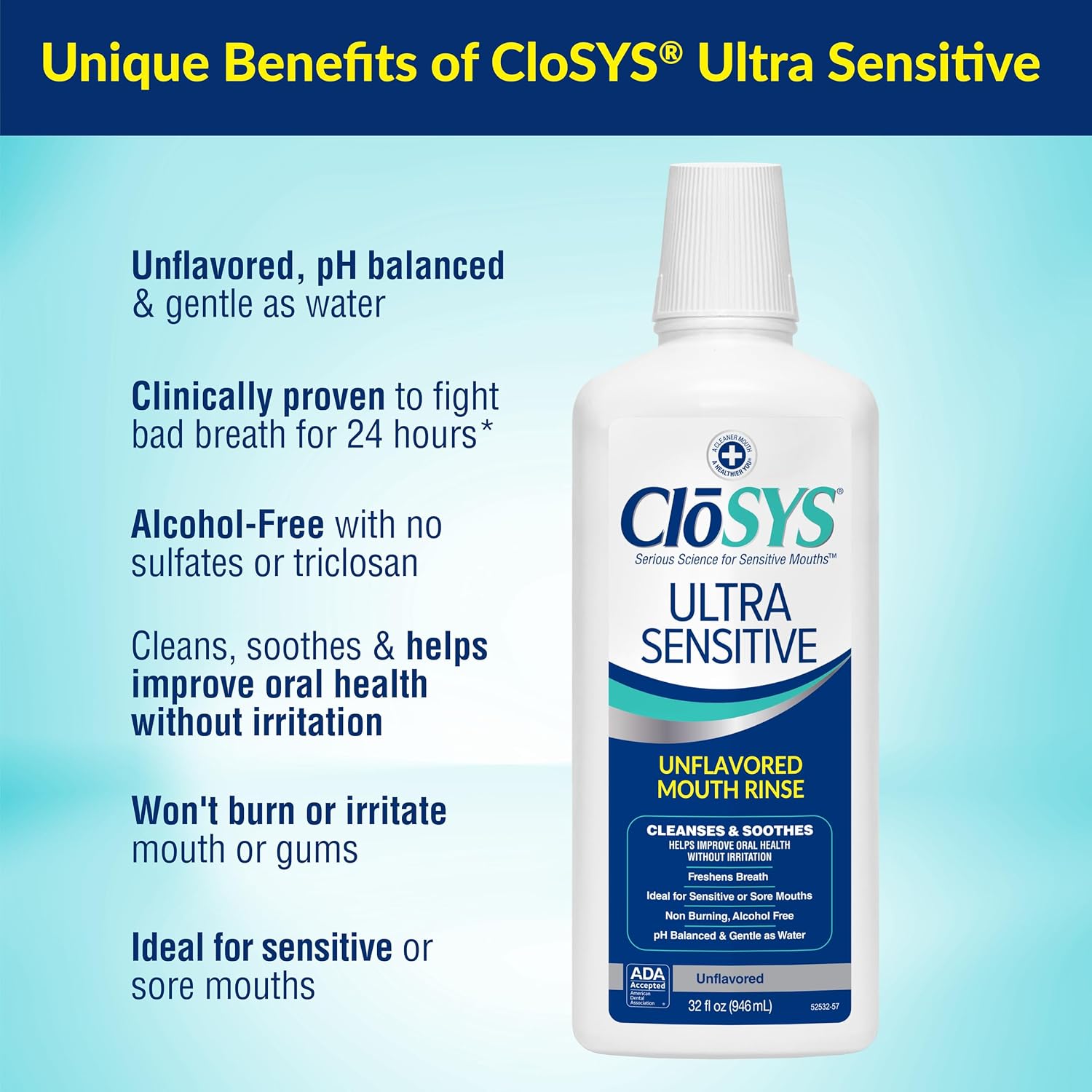CloSYS Ultra Sensitive Mouthwash, 32 Oz, Alcohol Free Mouthwash, Unflavored Mouth Wash, Dye Free, pH Balanced, Helps Soothe Entire Mouth (Pack of 12)