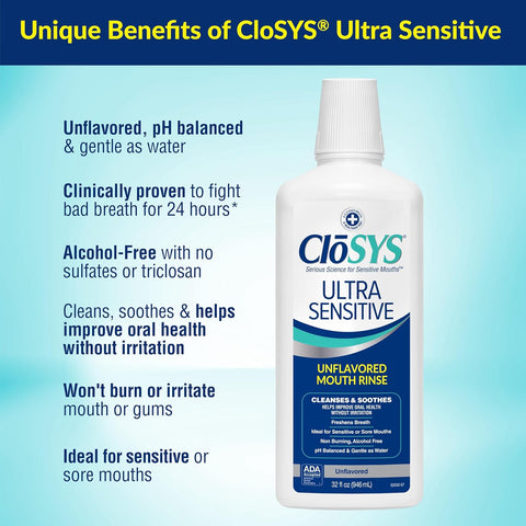 CloSYS Ultra Sensitive Mouthwash, 32 Oz, Alcohol Free Mouthwash, Unflavored Mouth Wash, Dye Free, pH Balanced, Helps Soothe Entire Mouth (Pack of 12)