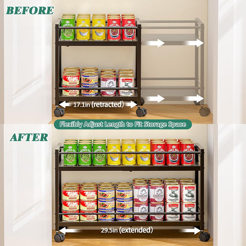2 Pack 2-Tier Expandable Rolling Pantry Cart with Wheels, Adjustable Floor Organizer for Kitchen Pantry, Can Organizer for Pantry, Storage Cart for Snack, Food, Vegetables, Black, Patent Pending
