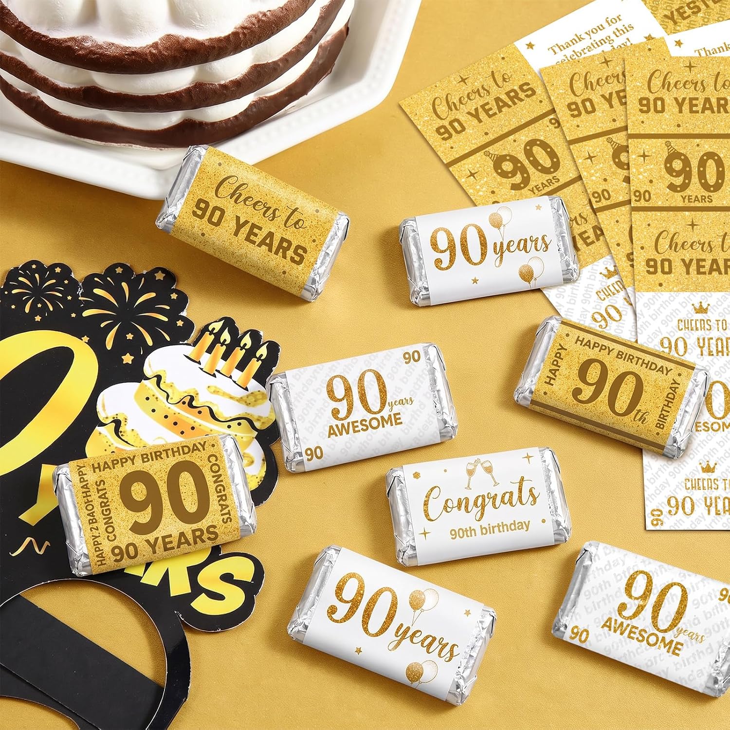 Tenare 90 Pcs 90th Birthday Candy Wrappers, White and Gold Stickers