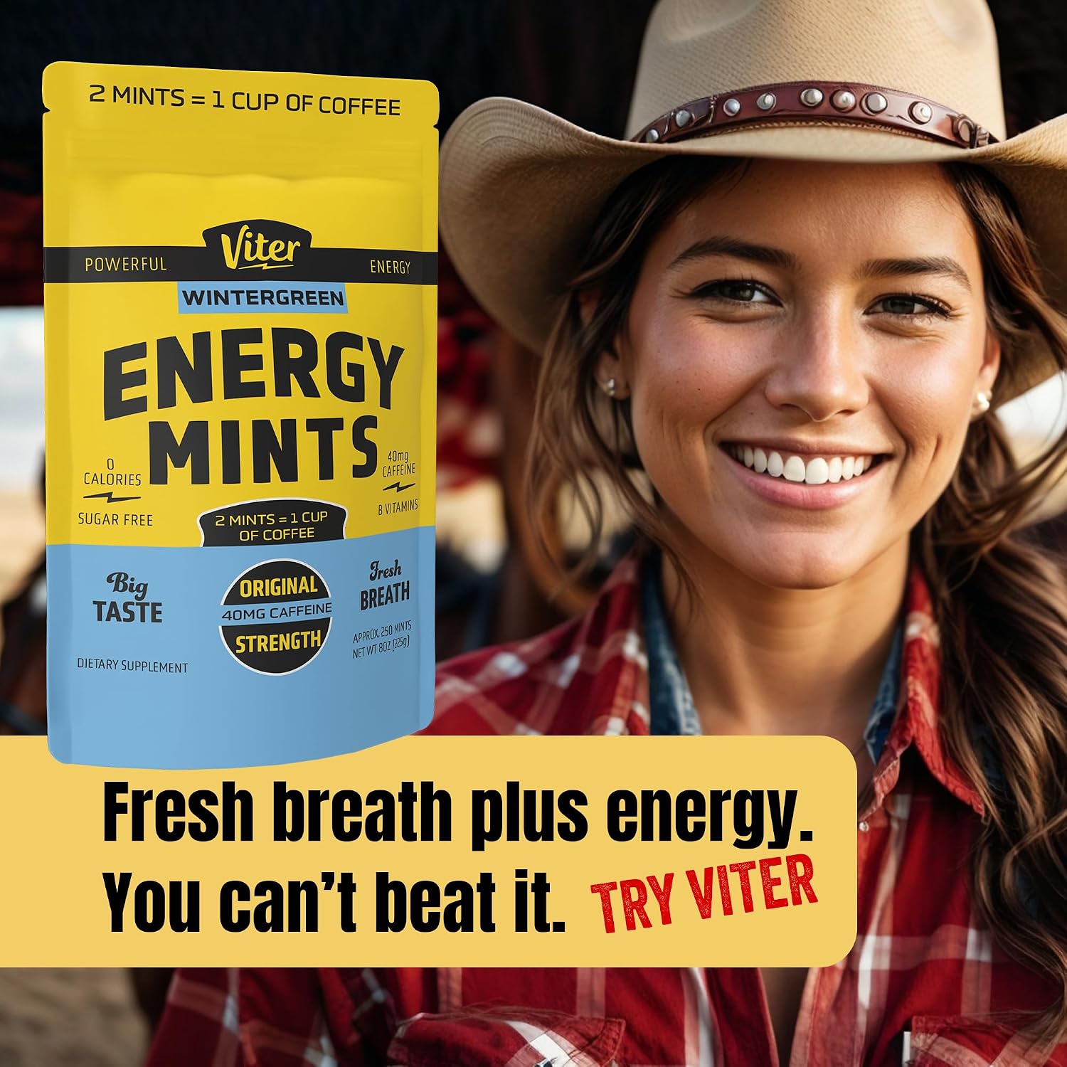 Viter Energy Caffeine Mints 40mg, Sugar Free, Wintergreen, 8oz Bulk Bag