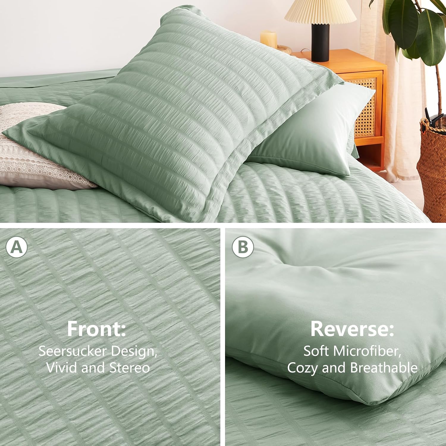 CozyLux Full Size Comforter Set 7 Pieces Sage Green Seersucker Bed in a Bag