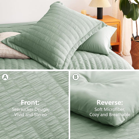 CozyLux Full Size Comforter Set 7 Pieces Sage Green Seersucker Bed in a Bag