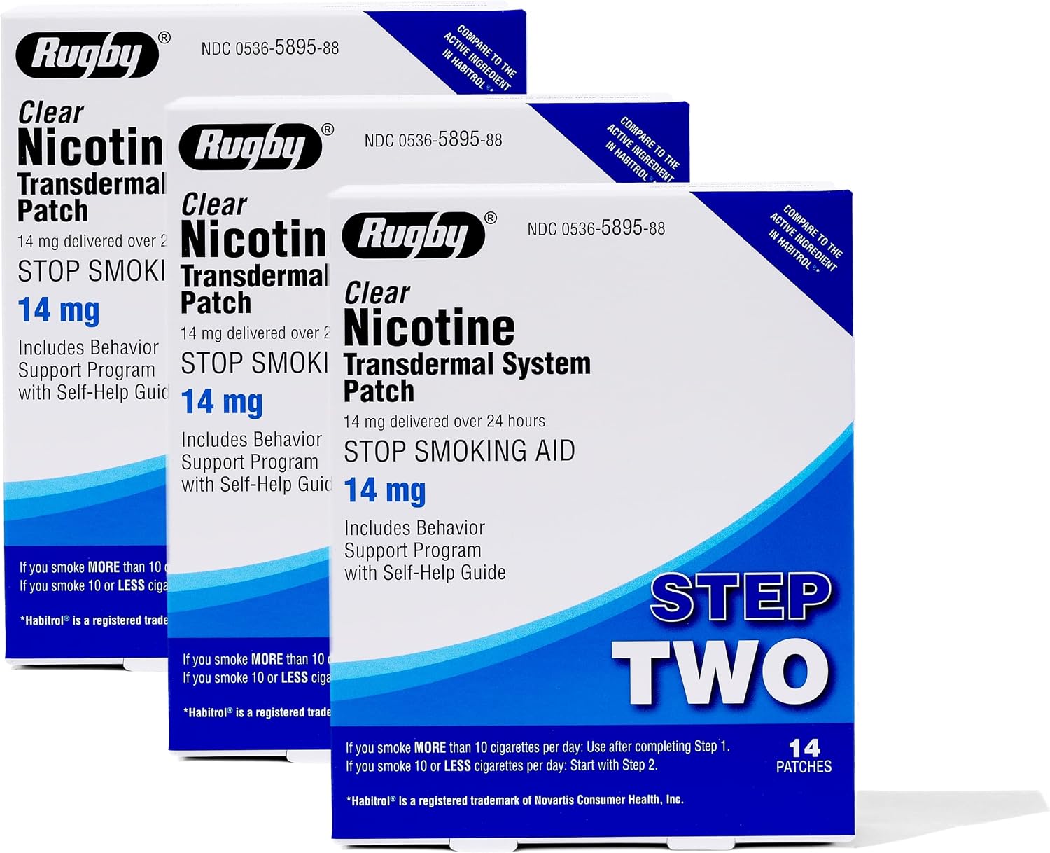 Rugby Clear Nicotine Patches - 14mg Transdermal System Patch - Smoking or Vaping Quitting Aid - Step 2-14 Count (3-Pack)
