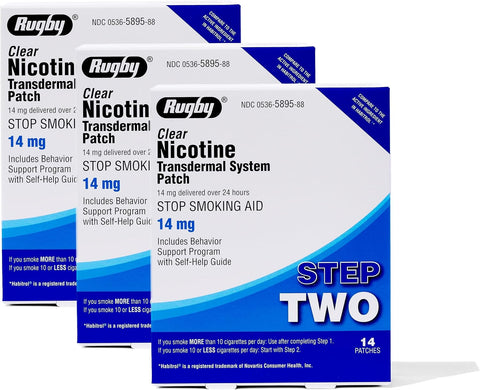 Rugby Clear Nicotine Patches - 14mg Transdermal System Patch - Smoking or Vaping Quitting Aid - Step 2-14 Count (3-Pack)