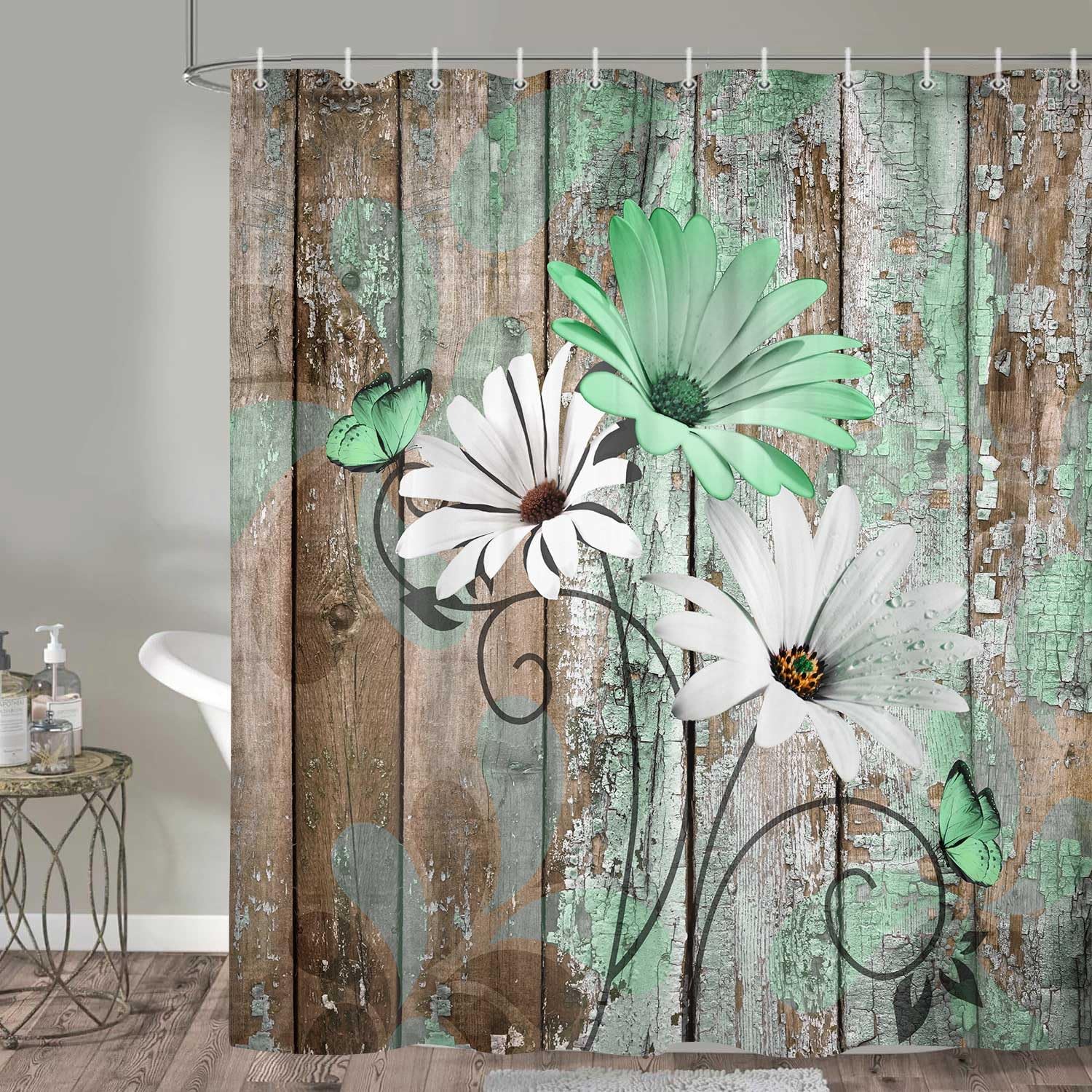 JAWO Farmhouse Flower Floral Shower Curtain, Rustic Green Daisy Shower Curtain Set, Country Green Wild Garden Plant Fabric Shower Curtain with Hooks, Brown Wooden Board Bathroom Curtain, 69x70inch