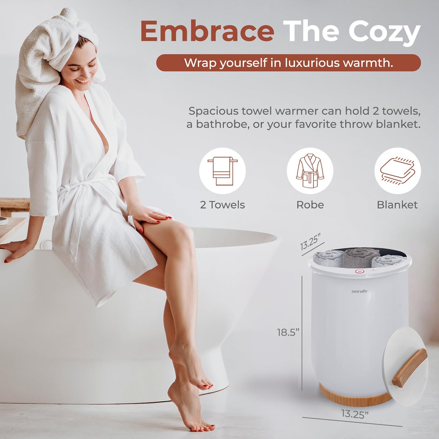 SereneLife Bucket Towel Warmers, White Large Towel Warmer for Spa and Bathroom, Luxury Towel Heater Gifts for Him & Her, Auto Shut-Off, Fits 2 large, Blankets, Bathrobes, PJ's