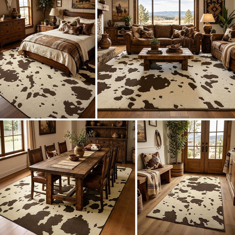 YIHOUSE Cowhide Entryway Rugs 3x5 Ft, Washable Plush Soft Brown and Cream Cow Rug, Non-Slip High-Low Pile Animal Small Area Carpet for Bedside, Living Room, Door Entrance, Home Decor