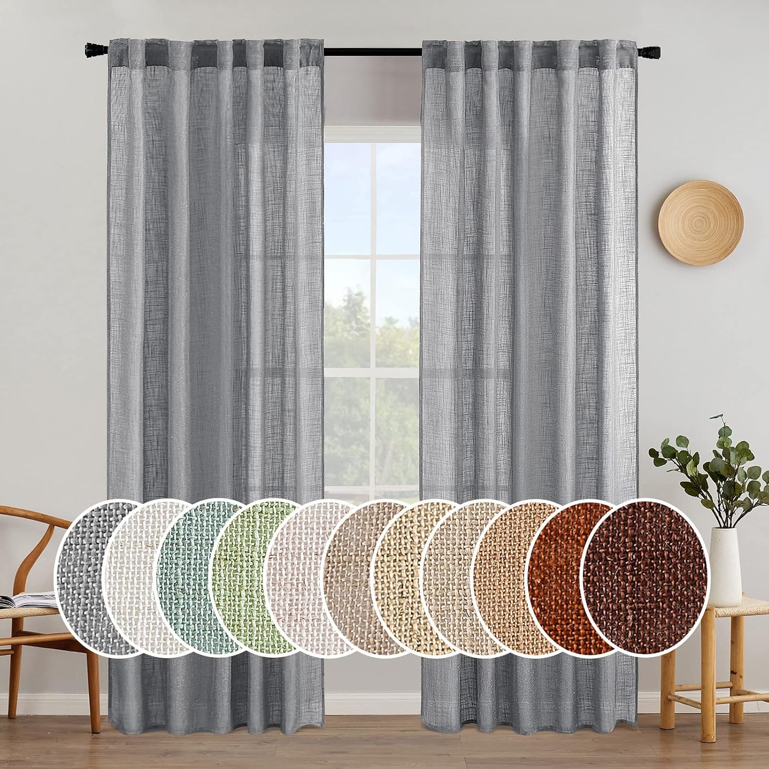 MIULEE Grey Linen Curtains 37x84 Inch Length Gray 2 Panels