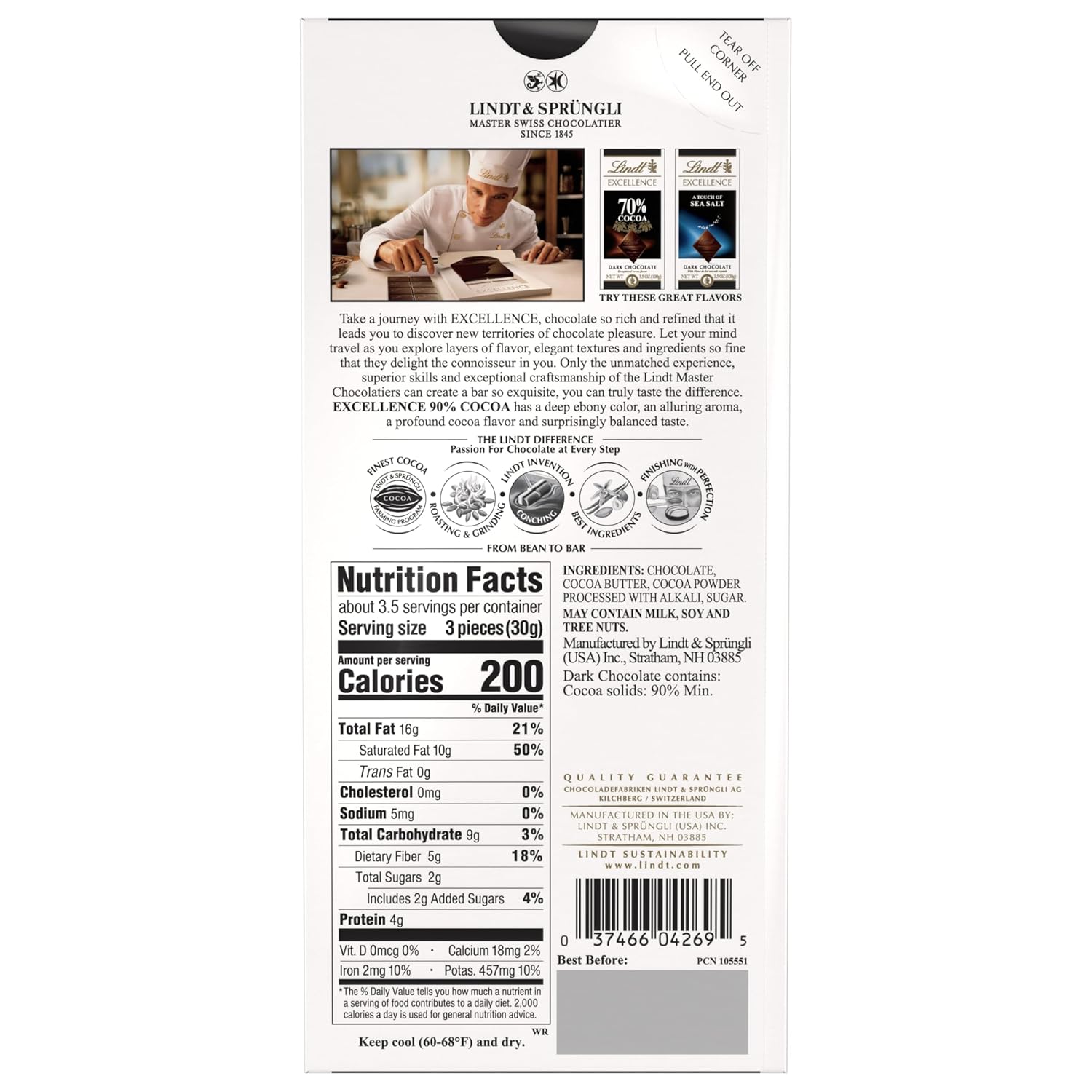 Lindt EXCELLENCE 90% Cocoa Dark Chocolate Candy Bar, 3.5 oz., 12 Pack