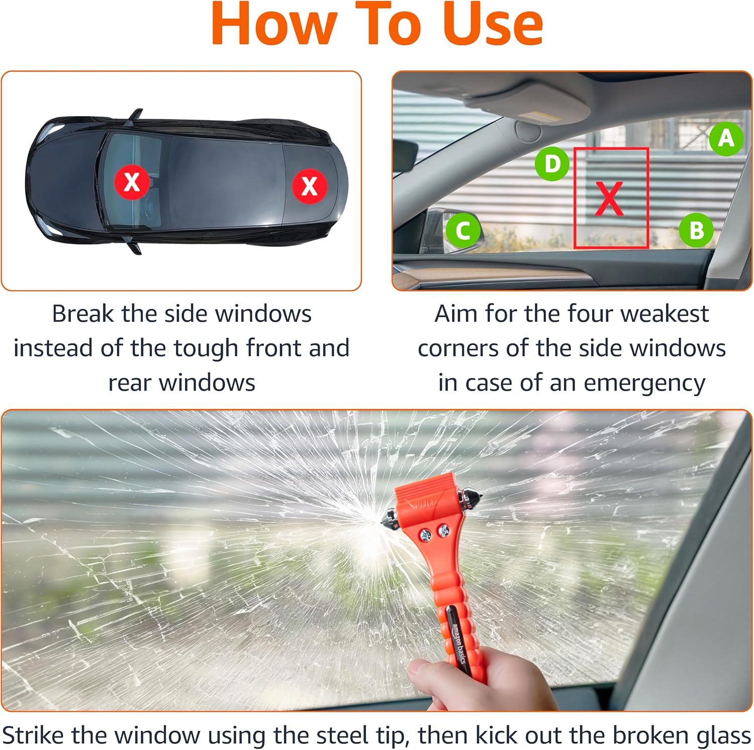 Amazon Basics Emergency Escape Tool, Window Breaker and Seatbelt Cutter, Car Safety Hammer with Protective Bracket, Bright Orange, 2 Pack, SW-835