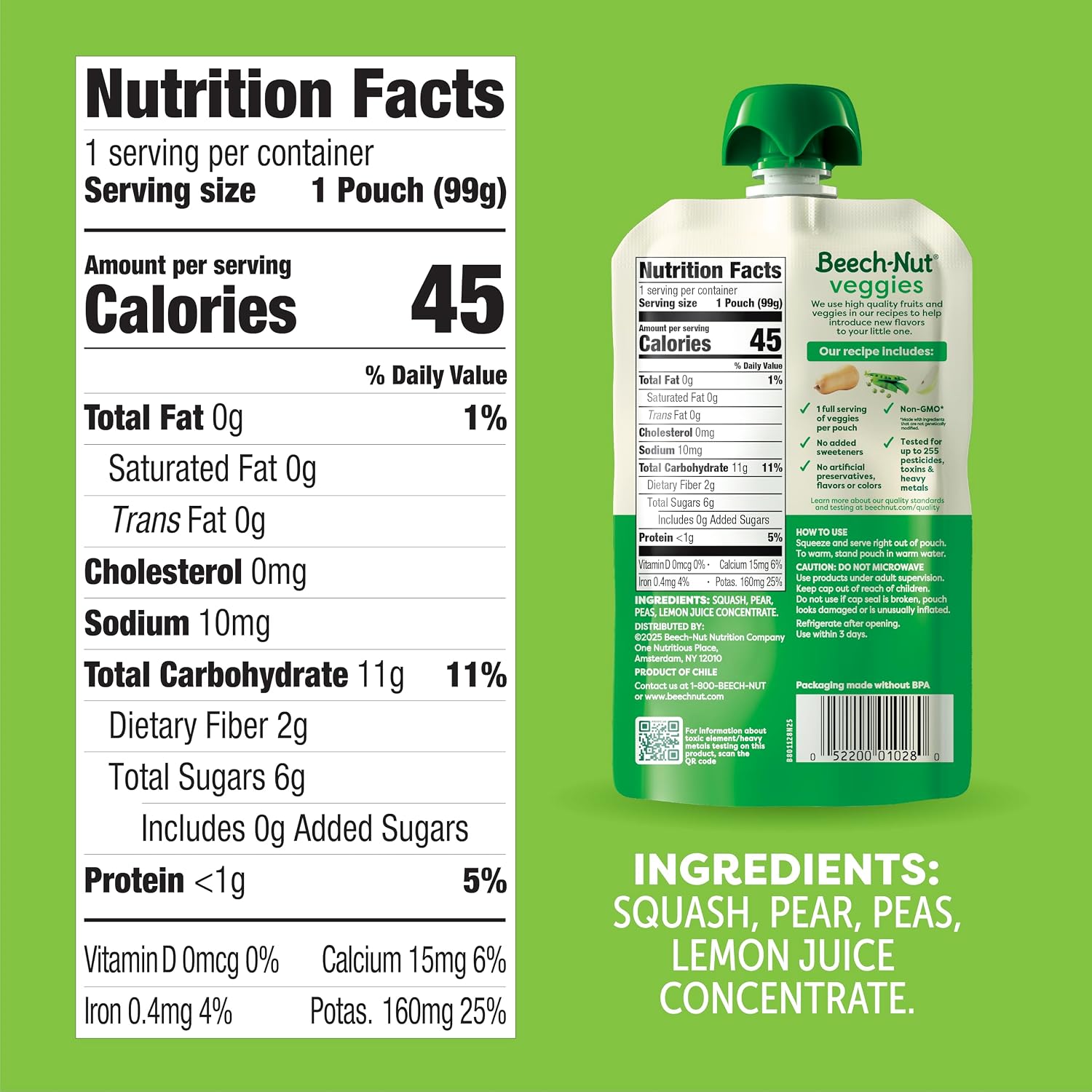 Beech-Nut Baby Food Pouches, Squash Peas Pears Veggie Puree Baby & Toddler Food, 3.5 oz (24 Pack)
