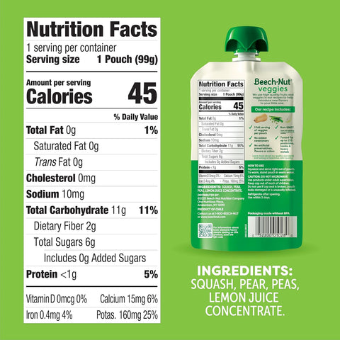 Beech-Nut Baby Food Pouches, Squash Peas Pears Veggie Puree Baby & Toddler Food, 3.5 oz (24 Pack)