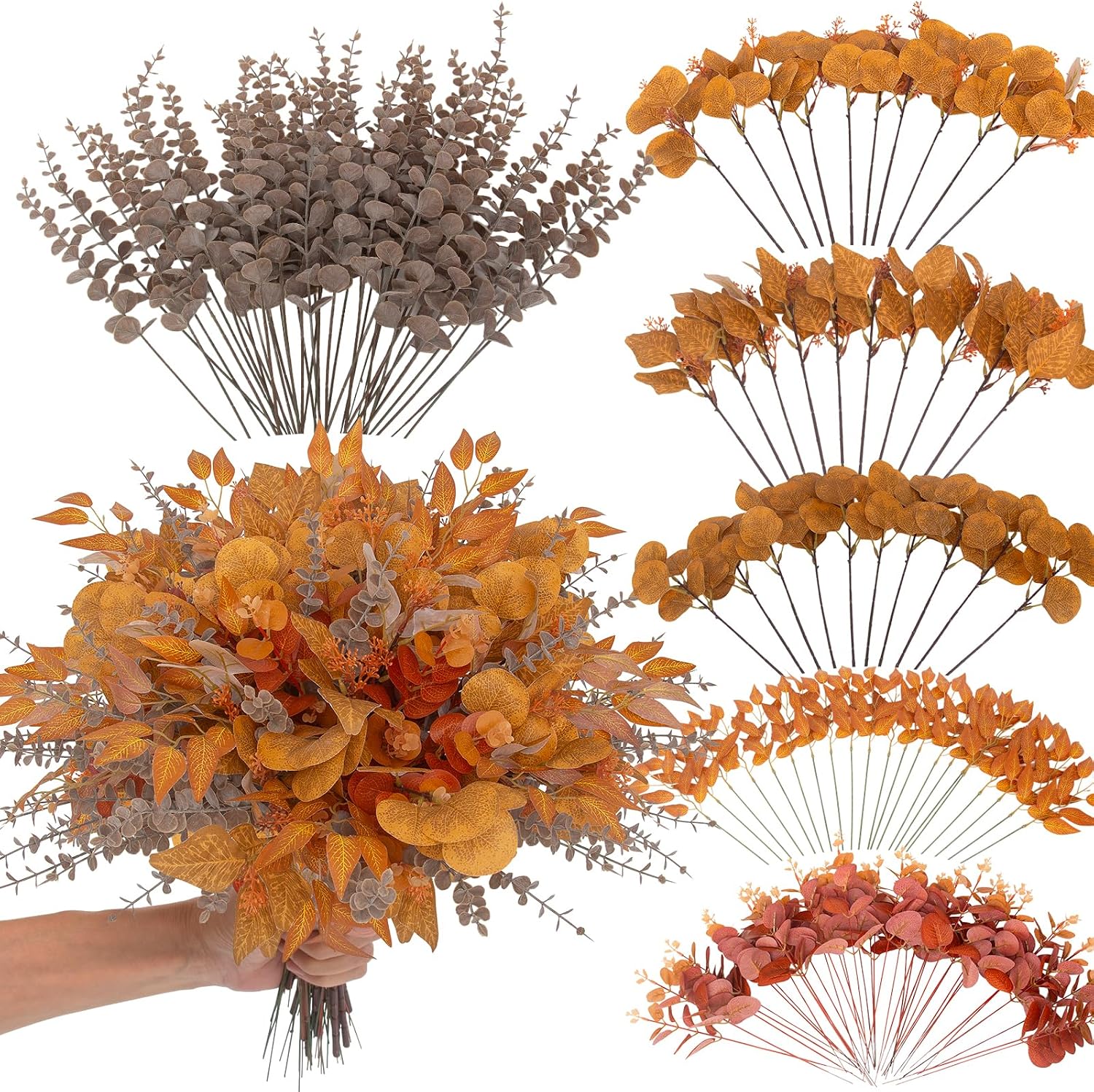 lovemoon 260 Pcs Fall Mixed Greenery Artificial Eucalyptus Stems, Orange