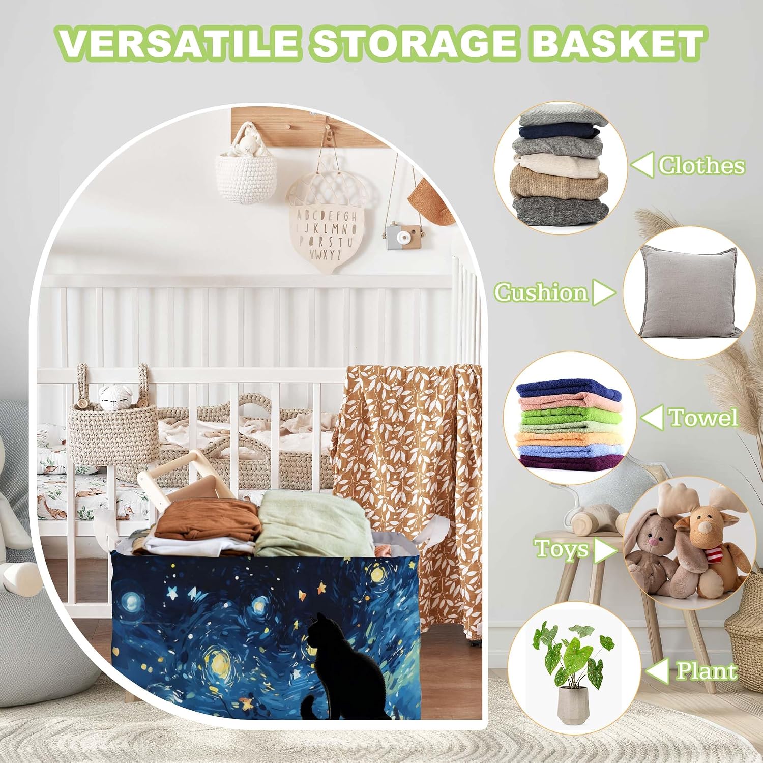 Starry Night Black Cat Toy Basket, Closet Shelf Organizer Baskets for Nursery Decor, Bathroom, Bedroom, Home Decor Gift Basket Large Squarecanvas Laundry Hamper With a Waterproof PE Coating, Foldable