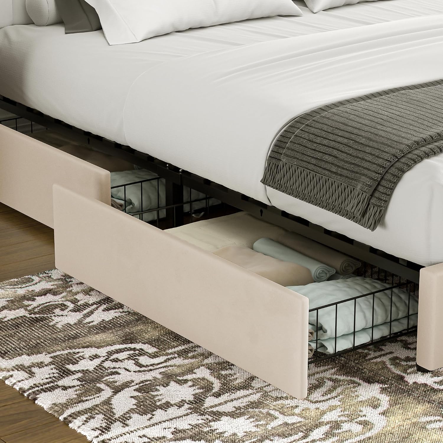 VECELO Full Size Upholstered Bed Frame with 4 Drawers and Headboard, Velvet Platform Storage Bedframe, Wooden Slats Support, No Box Spring Needed,Beige
