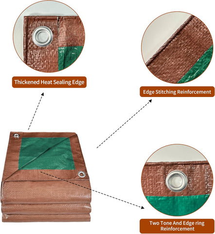 10x20Ft 7mil Waterproof Tarp Reinforced Edges Grommets, Green/Brown