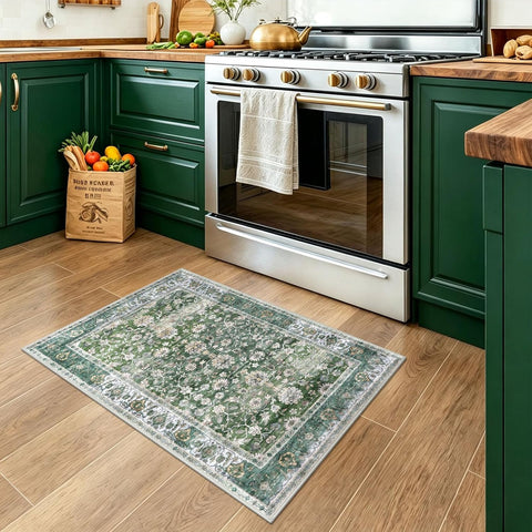 KUTA Vintage Floral Green Entryway Rug 2x3, Kitchen Rugs Washable
