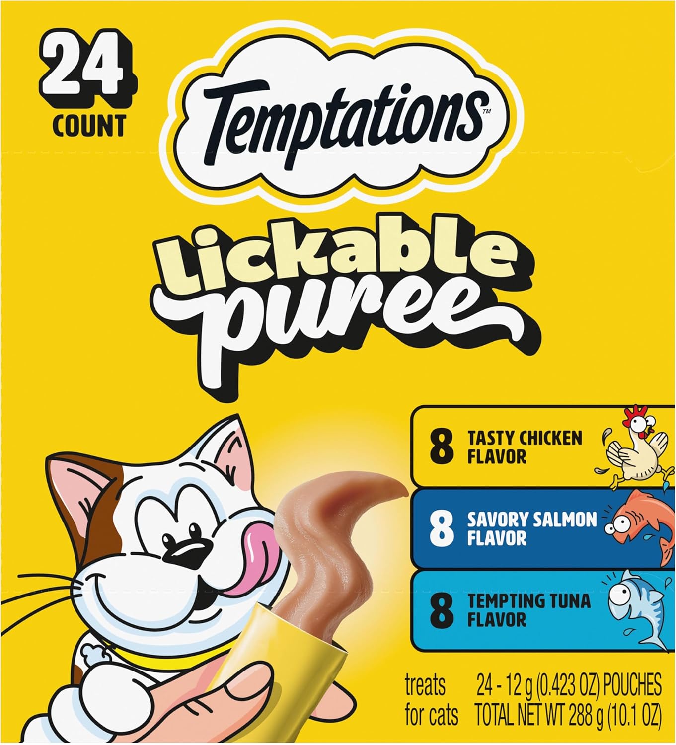 Temptations Creamy Puree Cat Treats, Chicken, Salmon & Tuna, 24 Count