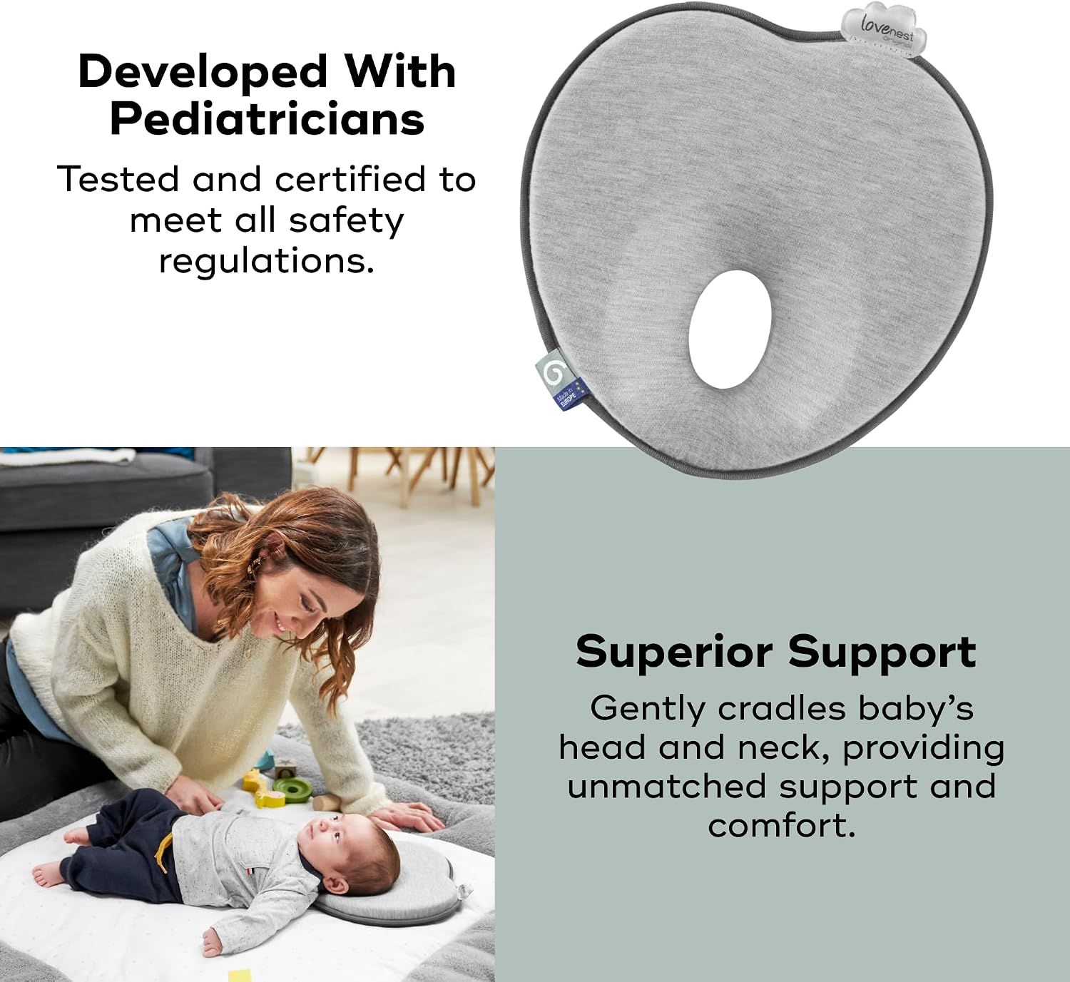 Babymoov Lovenest Baby Head Support, Soft Infant Support for Supervised Awake Time, Stroller & Bouncer Use, Breathable Fabric, Lightweight Newborn Support, Grey