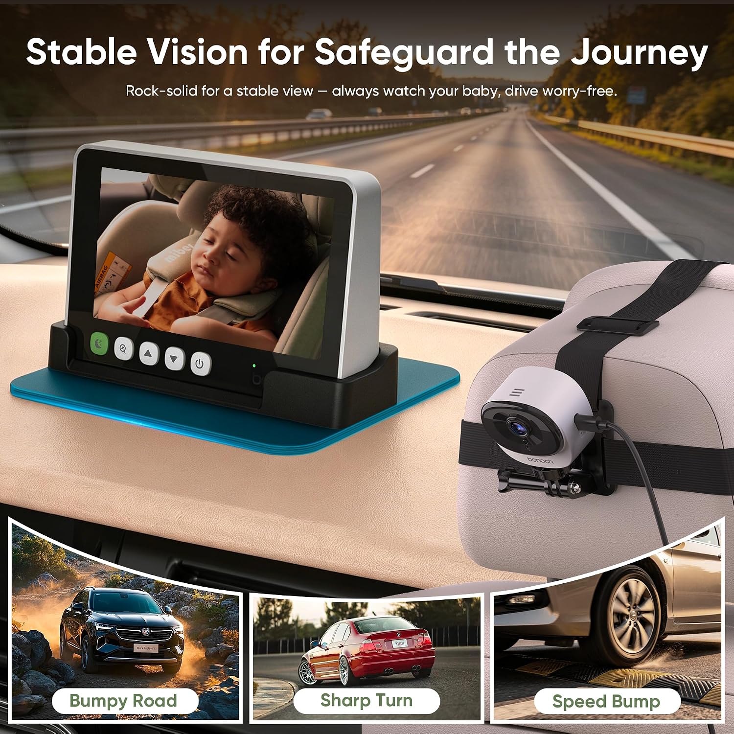 bonoch 5" 1440P Baby Car Camera, Clearest Monitor, 360° Rotating Wide View