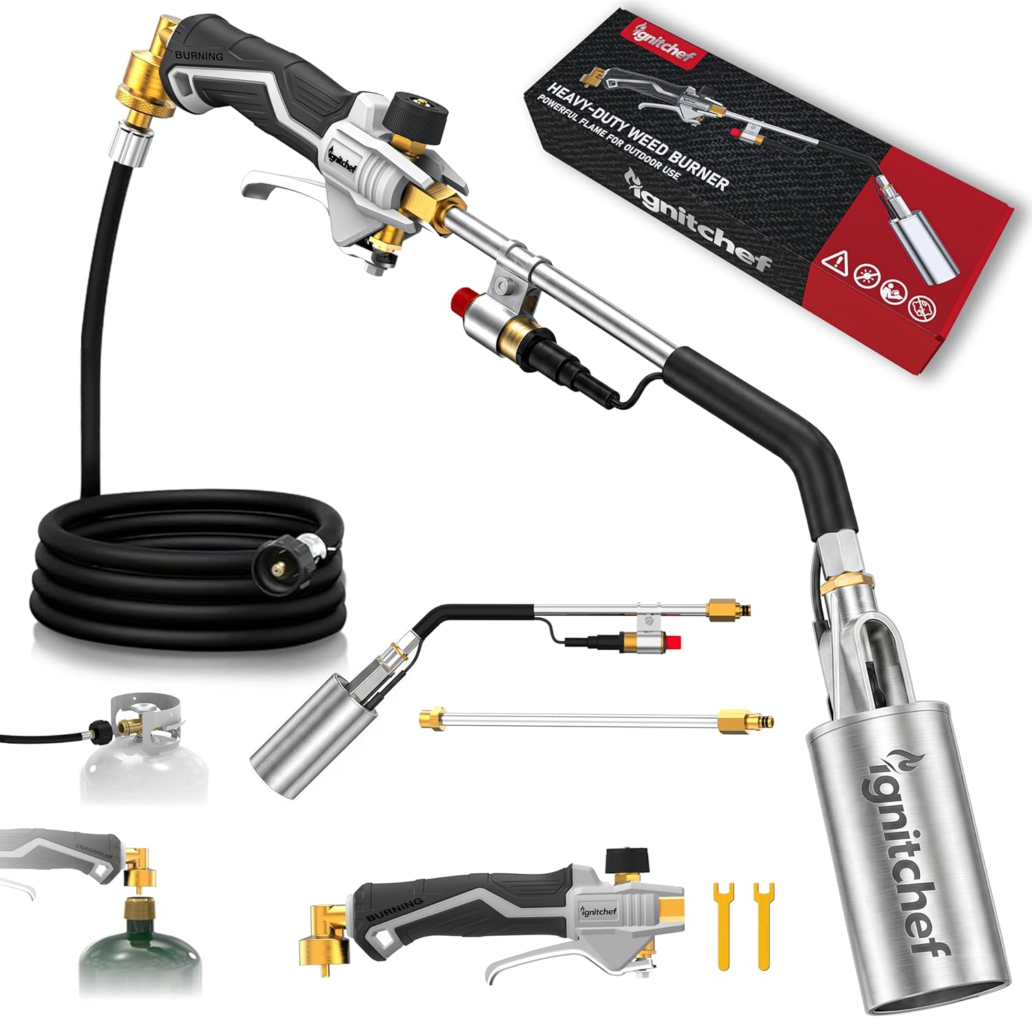 CSA Certified Propane Torch Weed Burner With 12.5-ft Hose Kit, High Output 340,000 BTU Weed Torch with Self Igniter and Turbo Trigger, Long/Short Mode, Dual Fuel Support for Garden, Ice, BBQ