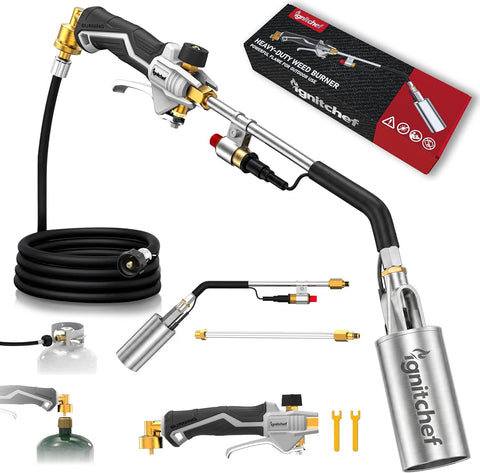 CSA Certified Propane Torch Weed Burner With 12.5-ft Hose Kit, High Output 340,000 BTU Weed Torch with Self Igniter and Turbo Trigger, Long/Short Mode, Dual Fuel Support for Garden, Ice, BBQ