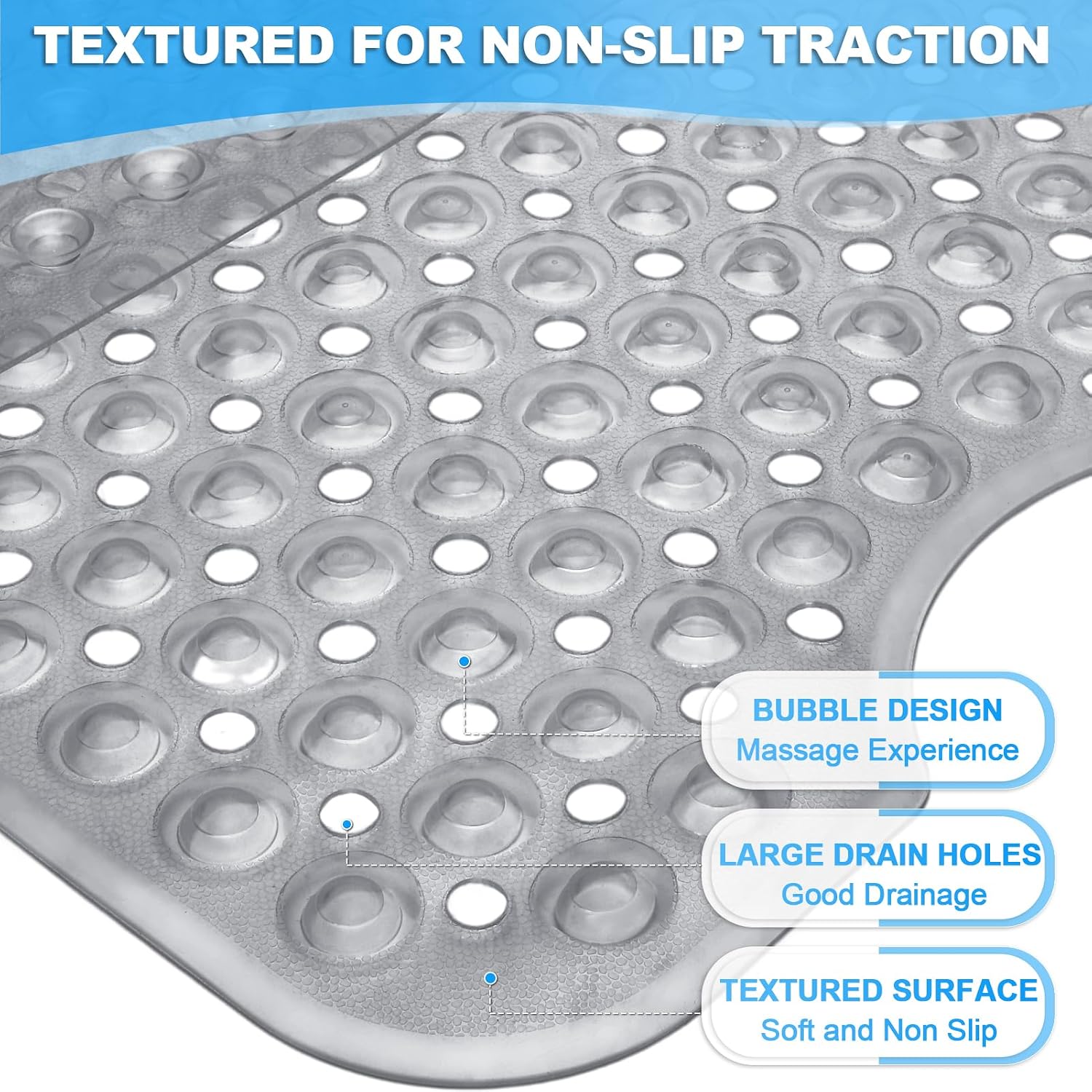 Bathtub and Shower Mats, 40x16 Inch Extra Large Non Slip Soft Bath Tub Mat with Suction Cups and Drain Holes for Bathroom Floor and Keep Tubs Clean, Machine Washable, Clear Gray