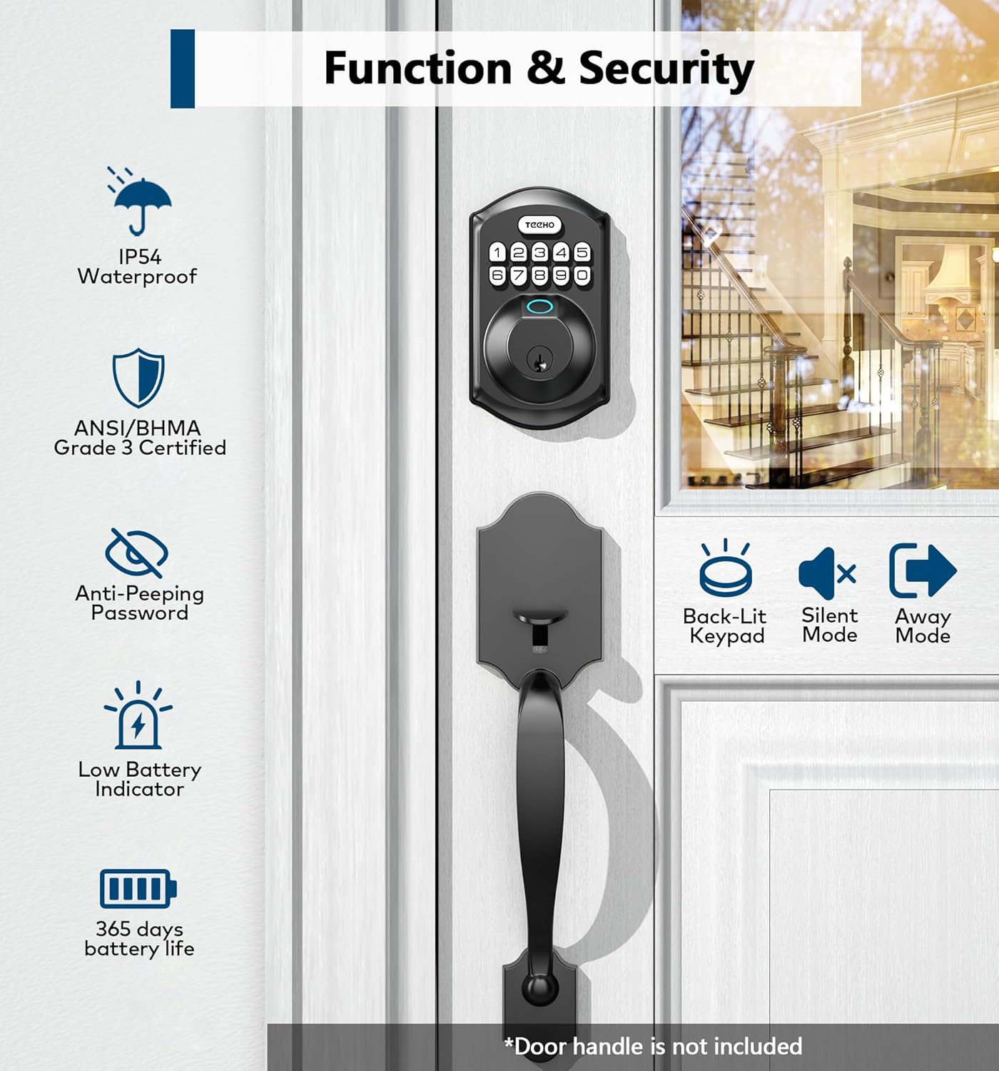 TEEHO TE002 Fingerprint Deadbolt with Keypad for Front Door, Matte Black