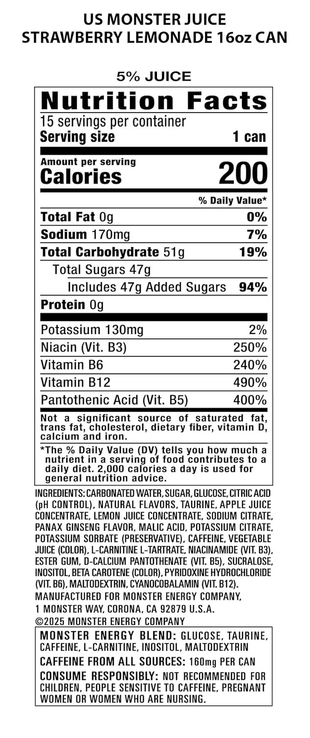 Monster Energy Juice Strawberry Lemonade, Energy + Juice, Energy Drink, 16 Ounce (Pack of 15)