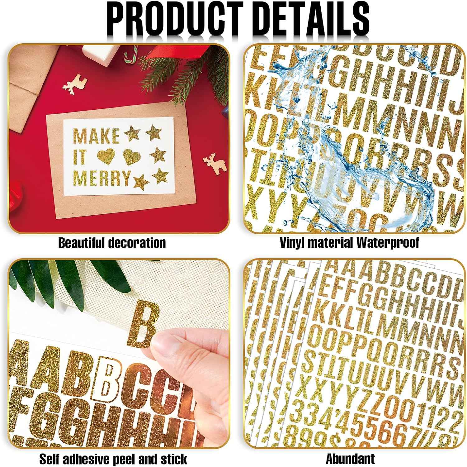 10 Sheets Small Letter Stickers - 1 Inch Glitter Gold Vinyl Self Adhesive Alphabet Number Stickers Stick on Letters for Arts Crafts Outdoor Sign Wall Mailbox Windows Doors Car Poster Board