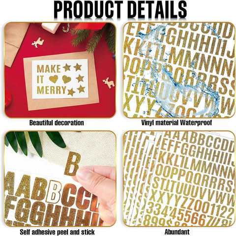 10 Sheets Small Letter Stickers - 1 Inch Glitter Gold Vinyl Self Adhesive Alphabet Number Stickers Stick on Letters for Arts Crafts Outdoor Sign Wall Mailbox Windows Doors Car Poster Board