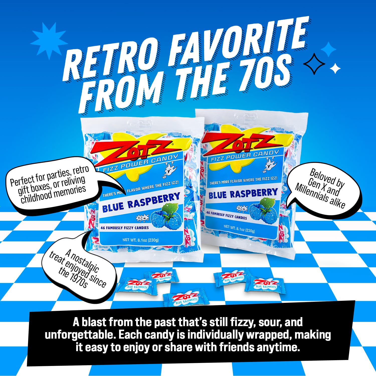 ZOTZ Fizzy Sour Candy Bulk - Retro Italian Hard Candy Individually Wrapped - Classic Nostalgic Blue Raspberry Flavor - 46 Pieces Bag for Party Favors, Goodie Bags, Piñata & Candy Buffet