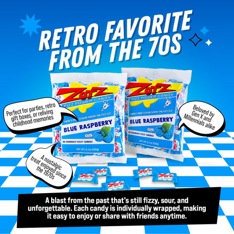 ZOTZ Fizzy Sour Candy Bulk - Retro Italian Hard Candy Individually Wrapped - Classic Nostalgic Blue Raspberry Flavor - 46 Pieces Bag for Party Favors, Goodie Bags, Piñata & Candy Buffet