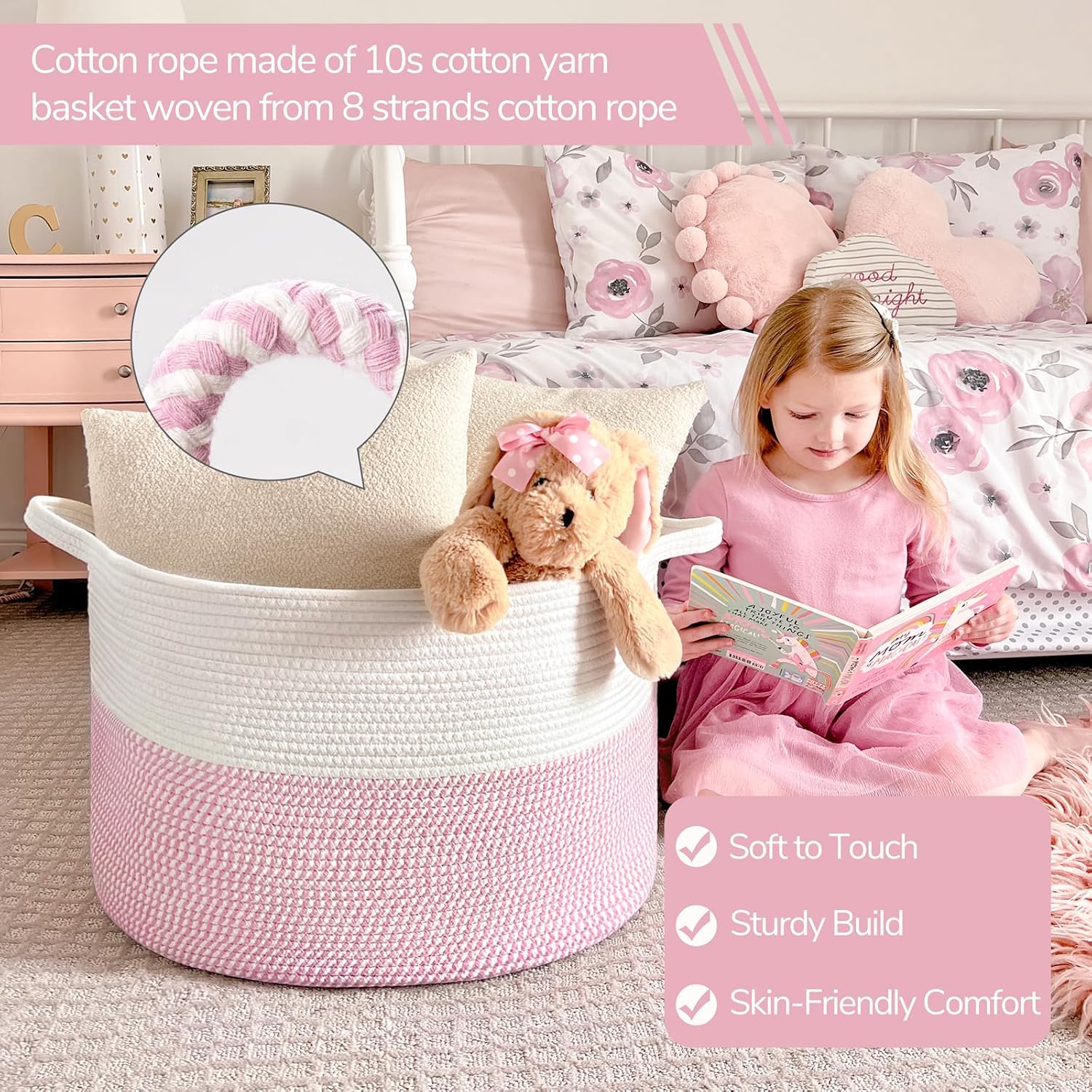 INDRESSME XXXLarge Woven Rope Blanket Basket Living Room Pink, 90L
