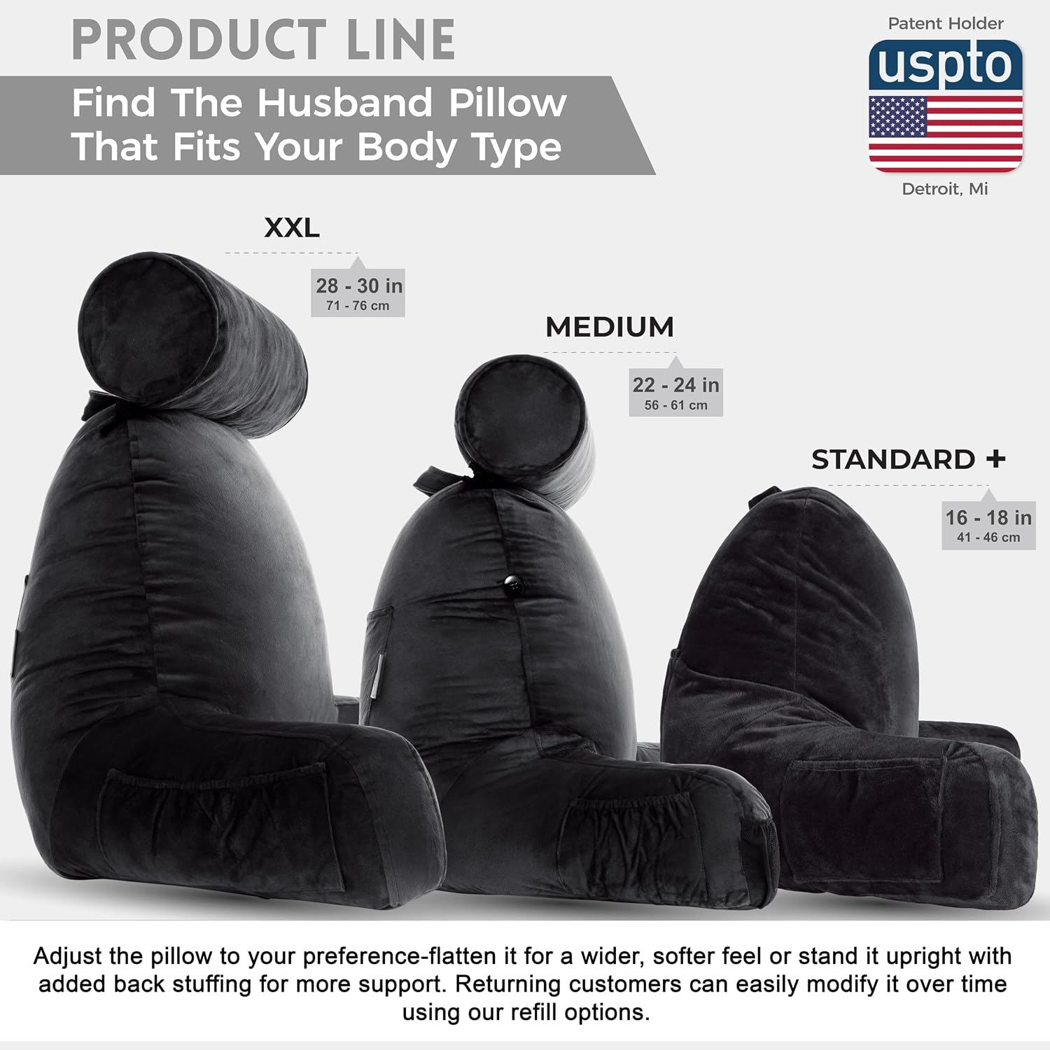 Husband Pillow XXL The Original for Adults - 30" Tall Backrest for Sitting Up in Bed - Firm Support Reading & Bed Rest Pillows for Adults, Neck Roll, Removable Cover - TV - Black