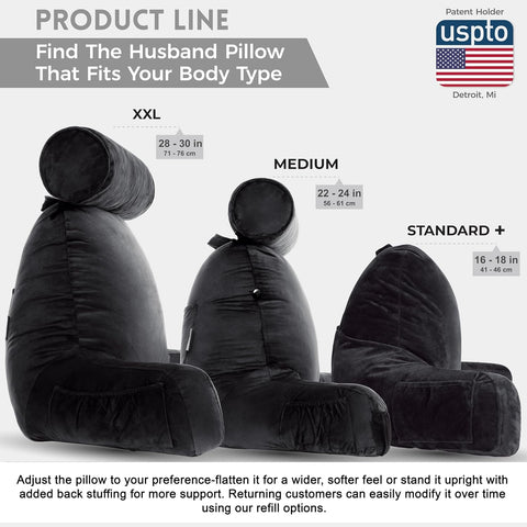Husband Pillow XXL The Original for Adults - 30" Tall Backrest for Sitting Up in Bed - Firm Support Reading & Bed Rest Pillows for Adults, Neck Roll, Removable Cover - TV - Black